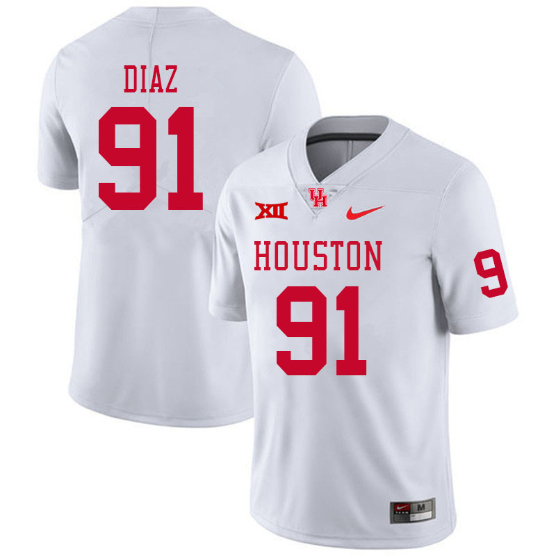Men #91 Joshua Diaz Houston Cougars Big 12 XII College Football Jerseys Stitched-White - Click Image to Close